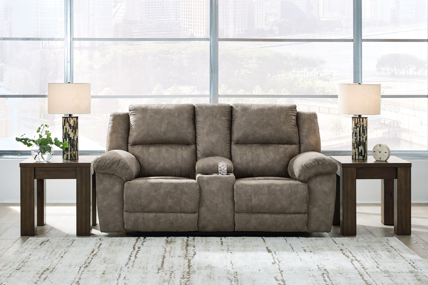 Laresview - Dbl Reclining Loveseat With Console - Faux Leather - Fossil