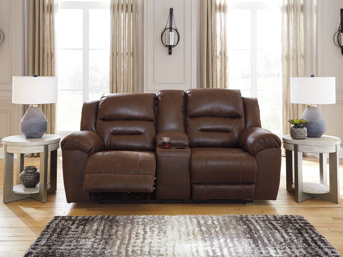Stoneland - Dbl Reclining Loveseat with Console - Faux Leather - Chocolate