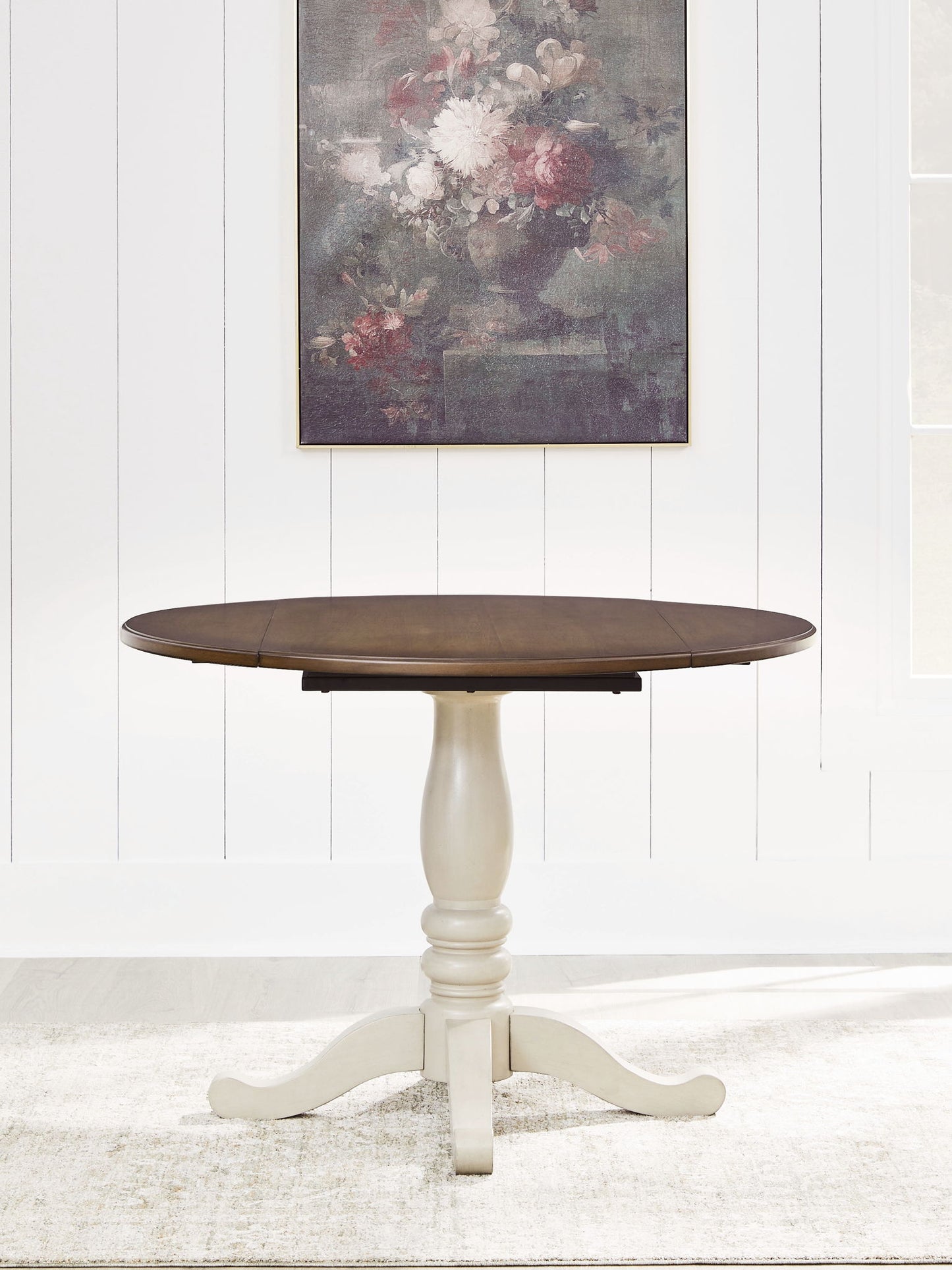 Wirloni - Round Dining Room Drop Leaf Table - Antique White / Brown