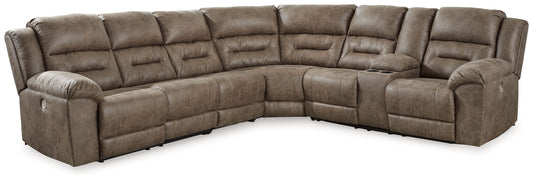 Ravenel - 4-Piece Power Reclining Sectional With Raf Power Reclining Loveseat With Console - Faux Leather - Fossil