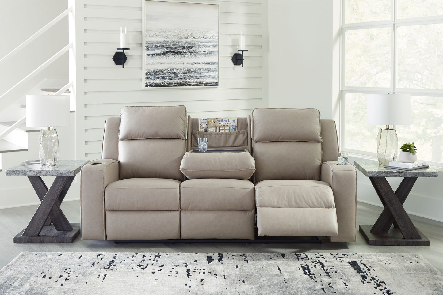 Lavenhorne - Pebble - Reclining Sofa W/ Drop Down Table - Faux Leather