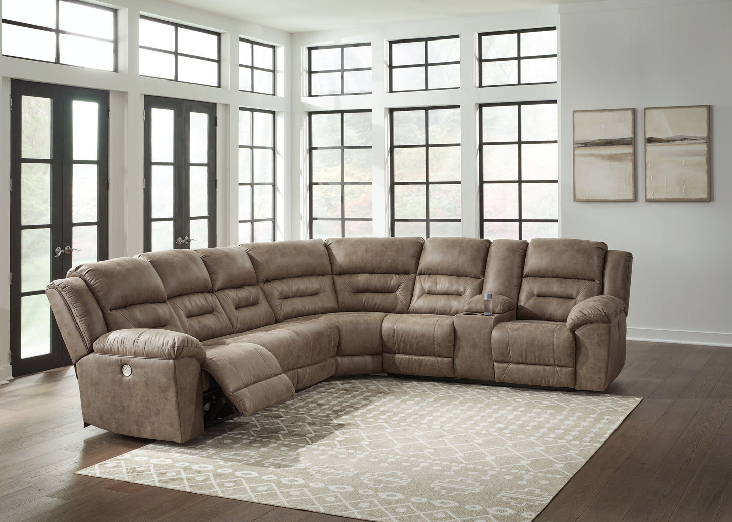 Ravenel - Fossil - 4-Piece Power Reclining Sectional With Raf Power Reclining Loveseat With Console - Faux Leather