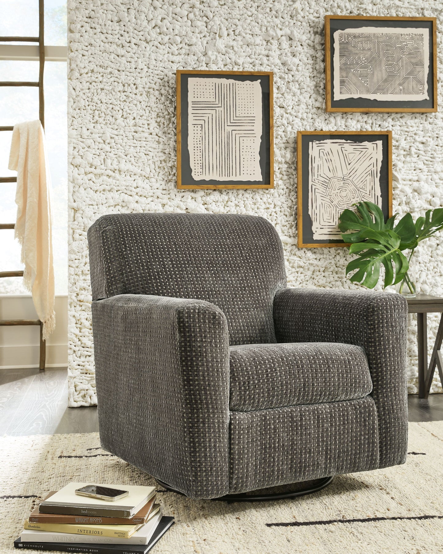 Herstow - Charcoal - Swivel Glider Accent Chair - Fabric