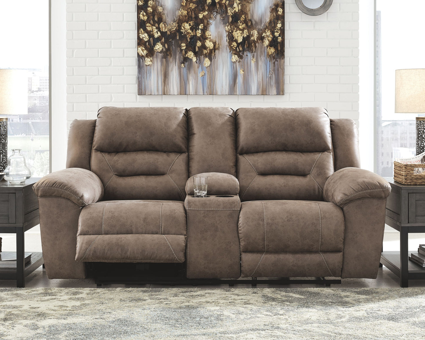 Stoneland - Fossil - Dbl Power Reclining Loveseat W/Console - Faux Leather