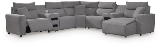 Modmax II - 7-Piece Power Reclining Sectional With RAF Press Back Power Chaise And Audio Consoles - Salt And Pepper - Next-Gen Nuvella
