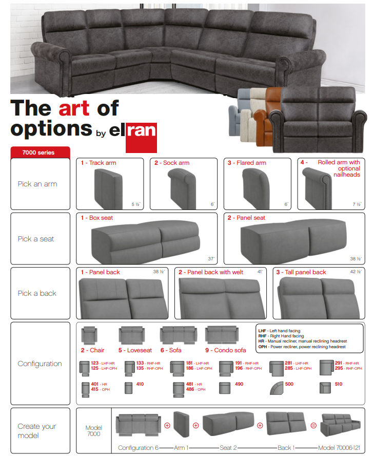 Elran Art of Options 7000 Series Customize Your Sofa, Loveseat, Chair, or Sectional