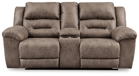Stoneland - Double Reclining Loveseat With Console - Fossil - Faux Leather