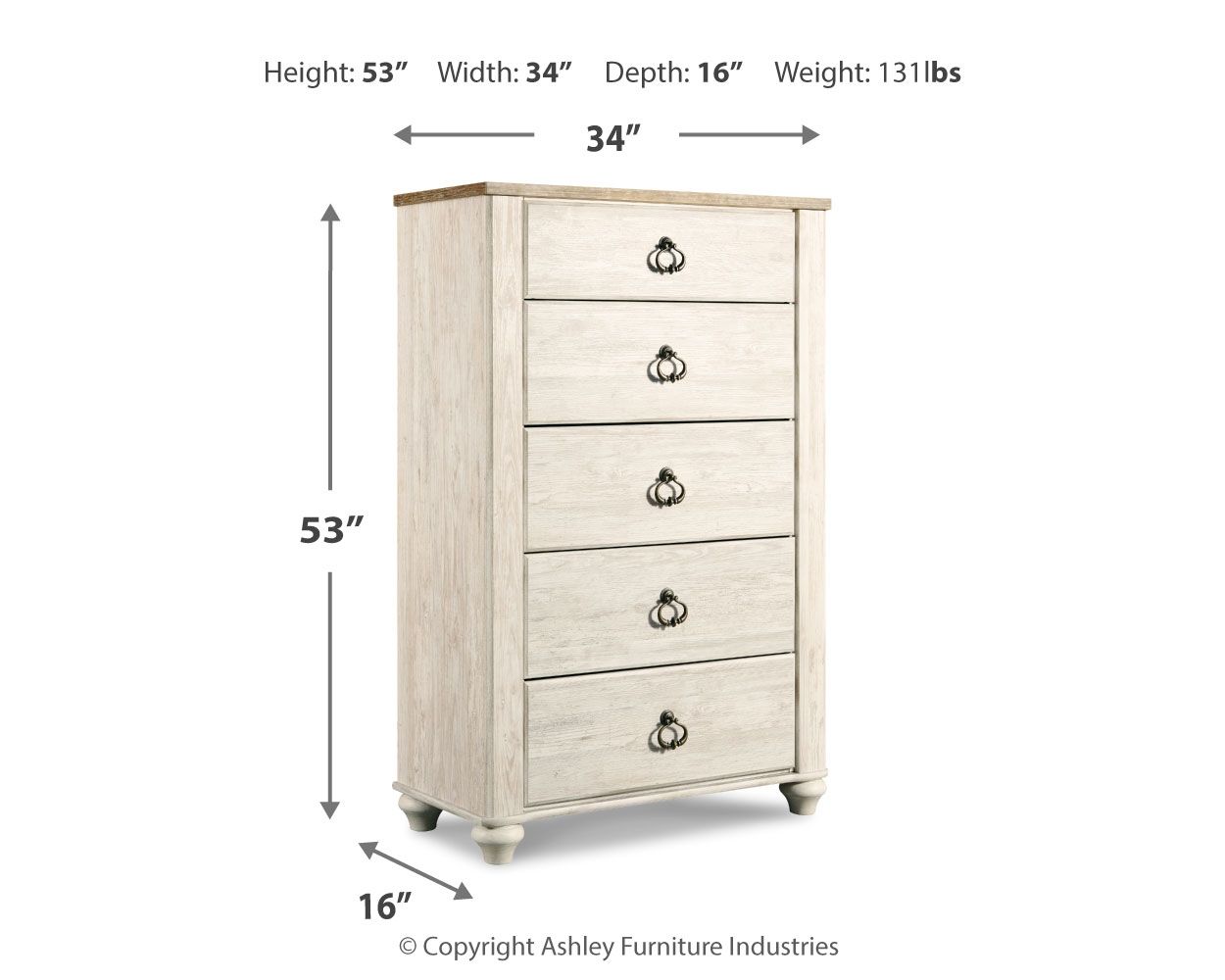 Willowton - Five Drawer Chest - Brown / Beige / White