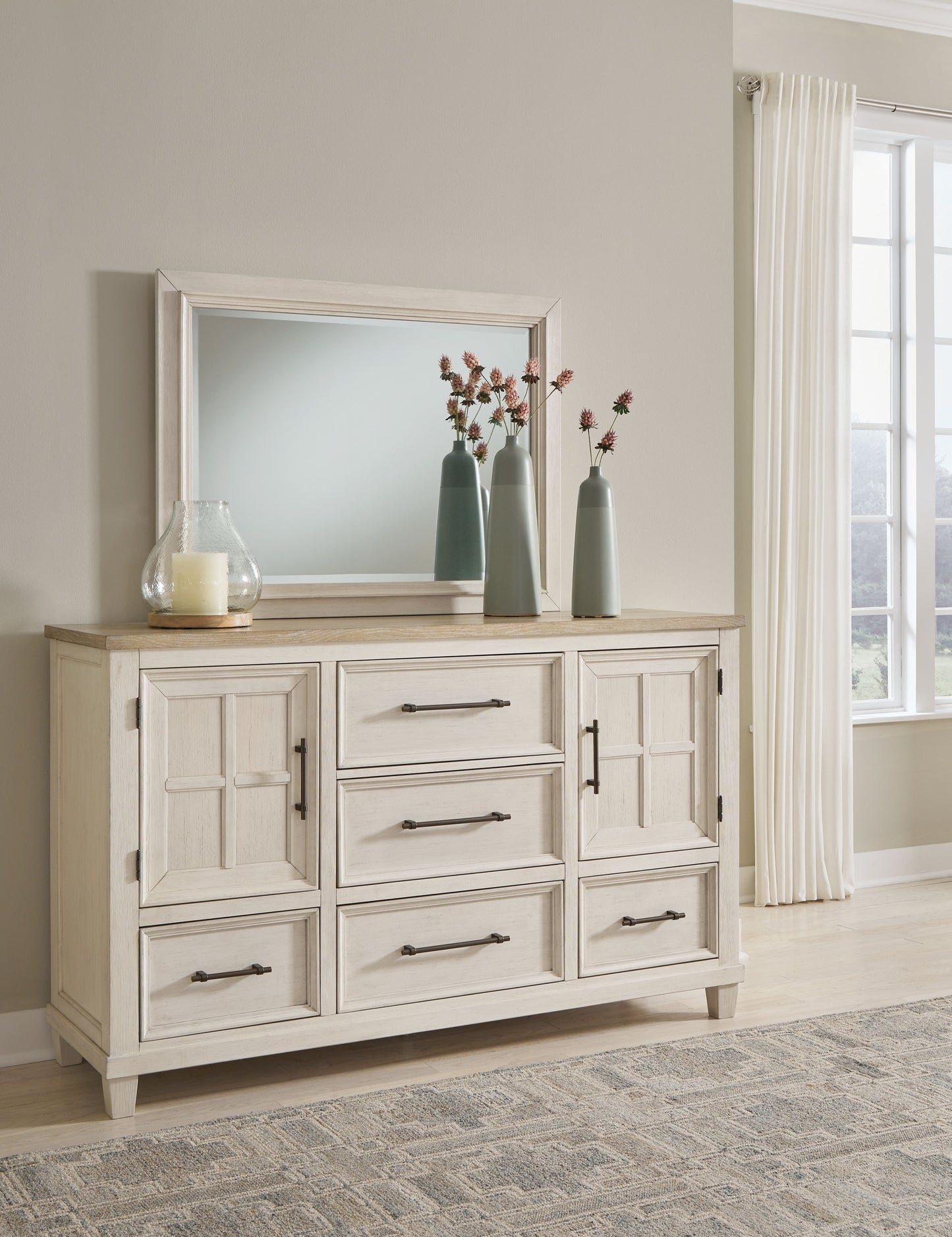 Shaybrock - Antique White / Brown - Dresser And Mirror