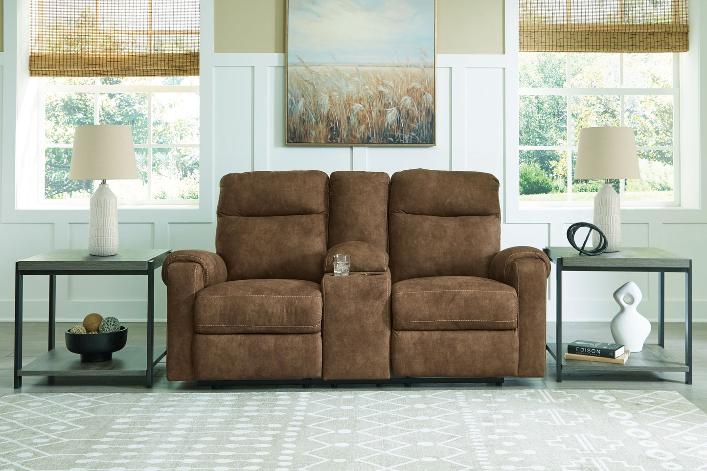 Edenwold - Brindle - Dbl Reclining Loveseat With Console - Faux Leather