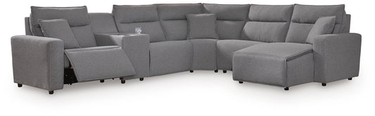 Modmax II - 6-Piece Power Reclining Sectional With RAF Press Back Power Chaise And Сonsole - Salt And Pepper - Next-Gen Nuvella