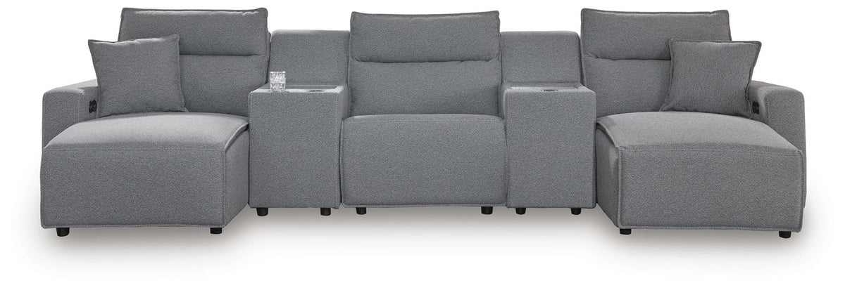 Modmax II - 5-Piece Power Reclining Sectional With Double Chaise, Power Armless Recliner And 2 Consoles - Salt And Pepper - Next-Gen Nuvella