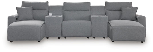 Modmax II - 5-Piece Power Reclining Sectional With Double Chaise, Power Armless Recliner And 2 Consoles - Salt And Pepper - Next-Gen Nuvella