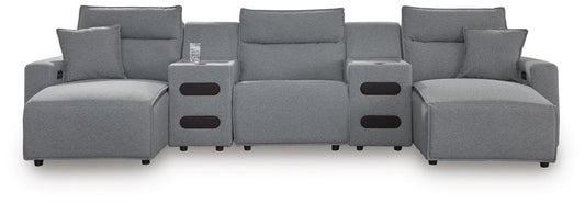 Modmax II - 5-Piece Power Reclining Sectional With Double Chaise And 2 Audio Consoles - Salt And Pepper - Next-Gen Nuvella