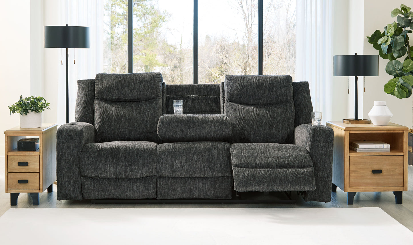 Martinglenn - Ebony - Reclining Sofa W/Drop Down Table - Fabric