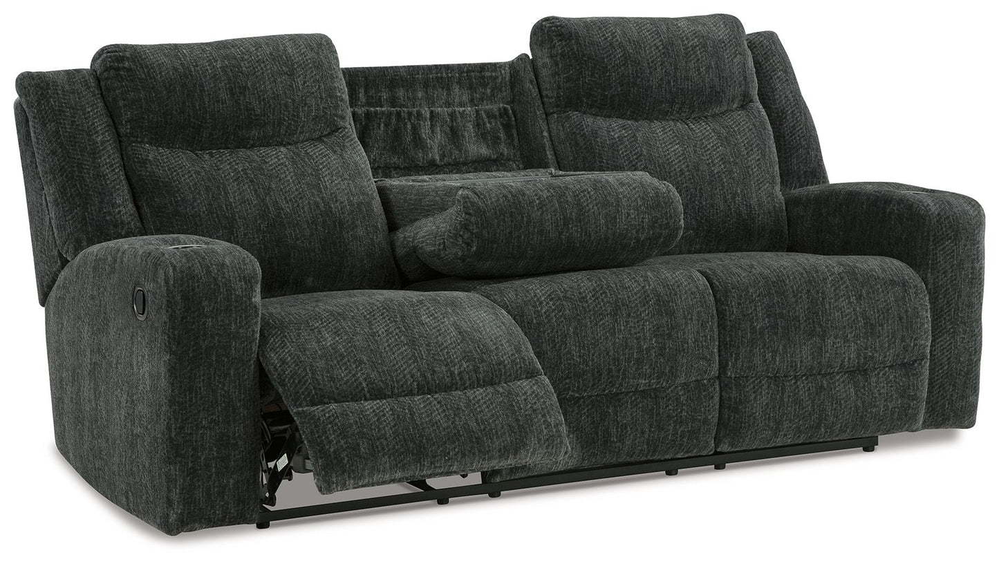 Martinglenn - Ebony - Reclining Sofa W/Drop Down Table - Fabric